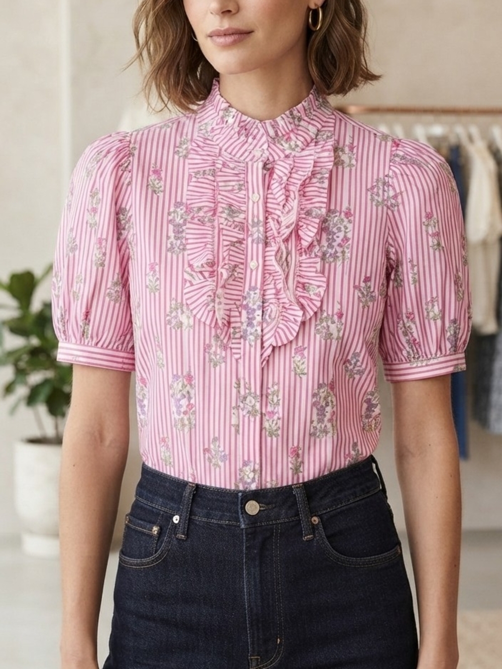 entro Pink Striped Floral Ruffle Blouse